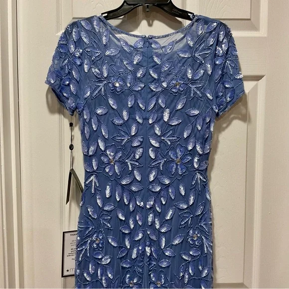 Beautiful Adrianna Papell Blue Dress with Floral Beaded & Sequins Embroidery - Picture 8 of 15